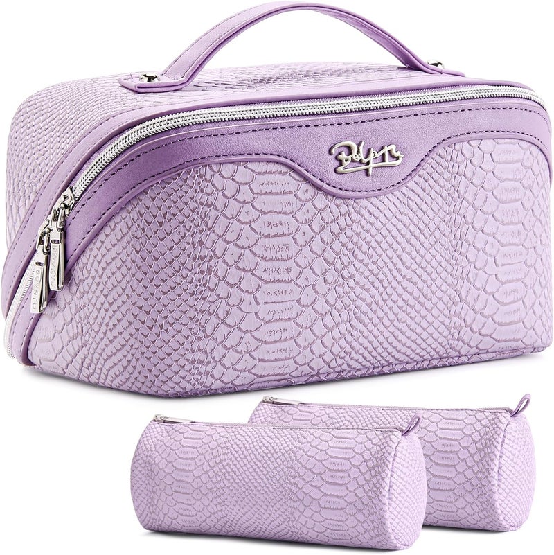 BOYATU Travel Makeup Bags for Women: 3 Pcs Set Wide Open Cosmetic Bag - Portable Make up Bags with Handle - Vegan Leather Toiletry Organizer Bag with Divider (G-01-Purple) - Image 1
